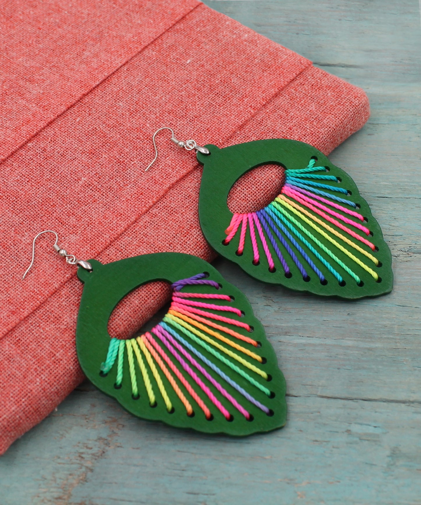 BESHEEK Boho RAINBOW GREEN threaded Wooden Leaf Earrings | Hypoallergenic Boho Beach Gala Wedding Style Fashion Earrings