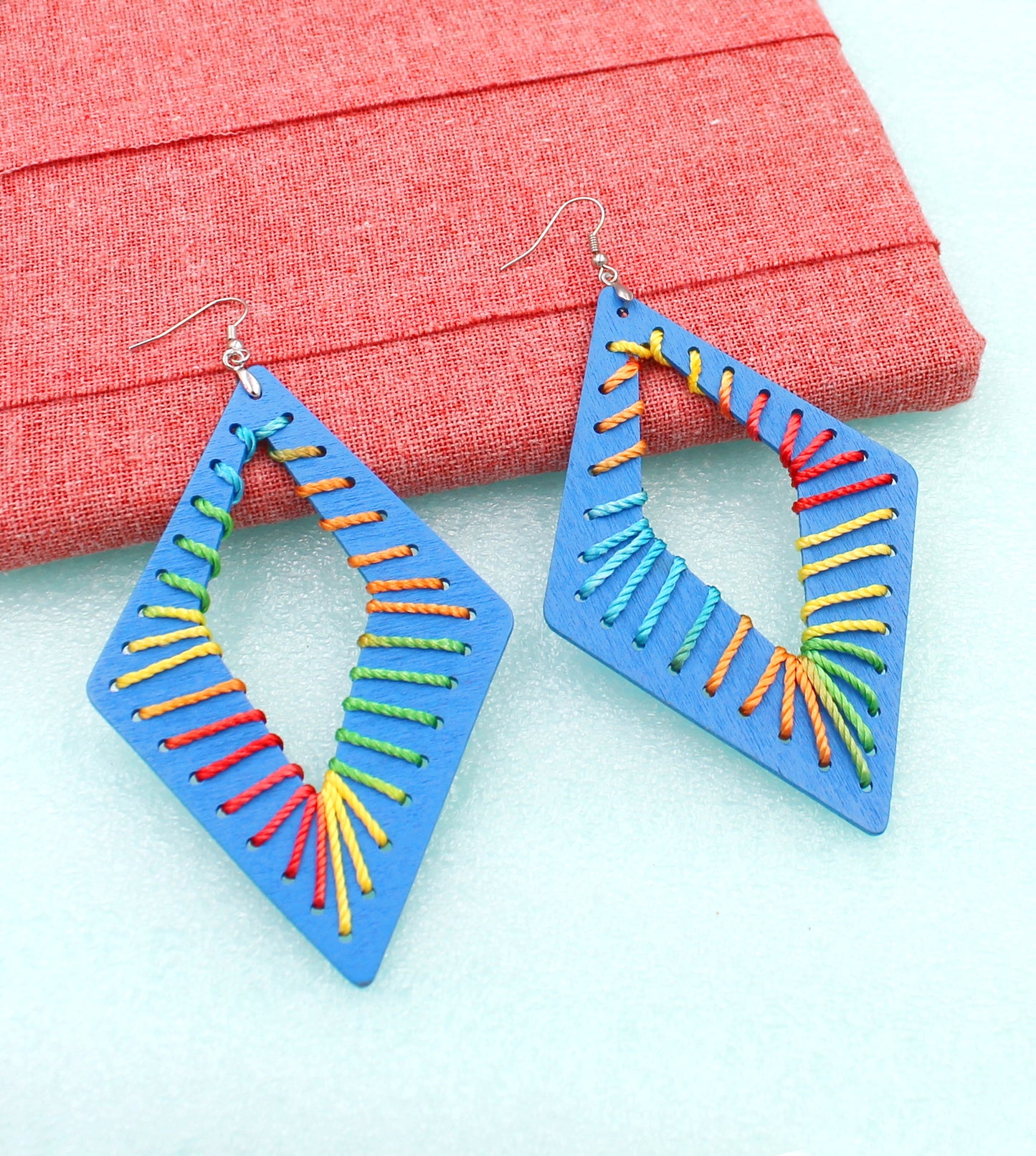 BESHEEK Marquis RAINBOW BLUE threaded Wooden Earrings | Hypoallergenic Boho Beach Gala Wedding Style Fashion Earrings