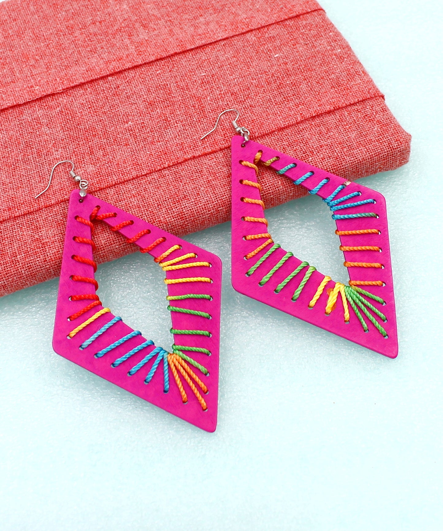 BESHEEK Marquis RAINBOW FUSCIA threaded Wooden Earrings | Hypoallergenic Boho Beach Gala Wedding Style Fashion Earrings