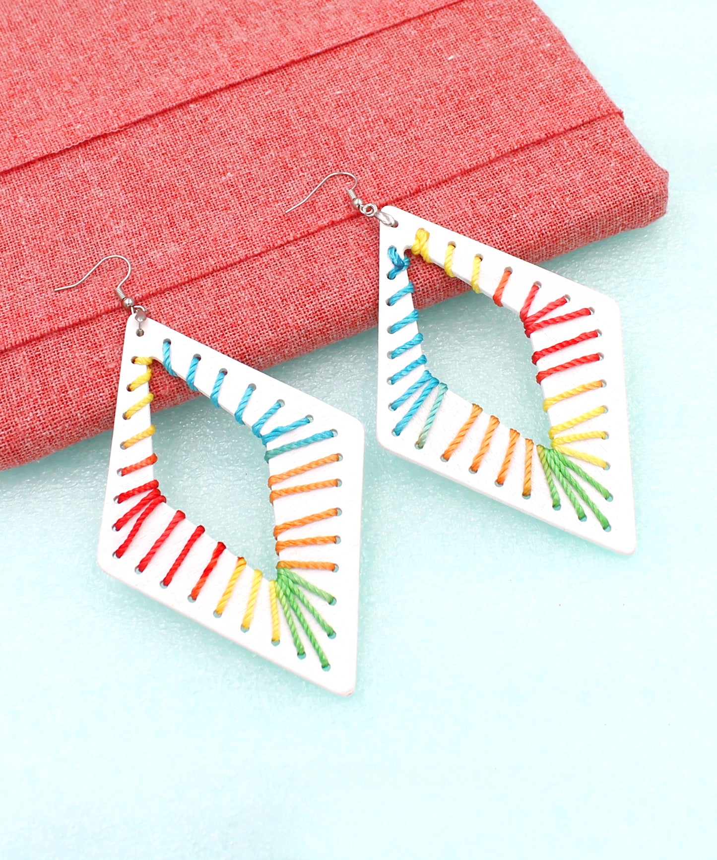 BESHEEK Marquis RAINBOW WHITE threaded Wooden Earrings | Hypoallergenic Boho Beach Gala Wedding Style Fashion Earrings