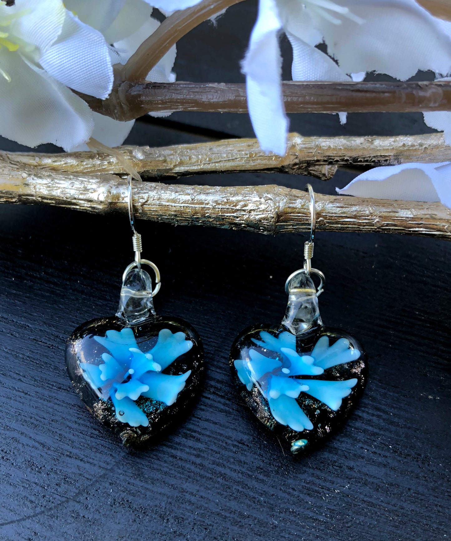 BESHEEK Sterling Silver Handmade Murano-inpired Aqua Blue Flower in Heart Fused Glass Dangle Earrings | Hypoallergenic Boho Beach Gala Wedding Style Fashion Earrings