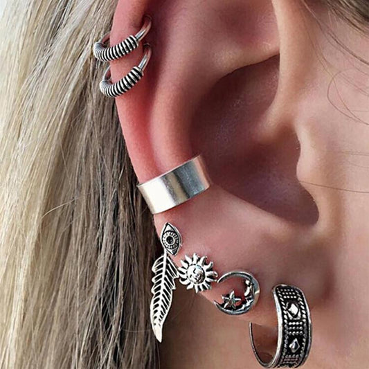 BESHEEK Handmade Silvertone Sun & Moon Ear Cuff & Huggie Earring Set | Handmade Hypoallergenic Boho Beach Gala Wedding Style Fashion Earrings