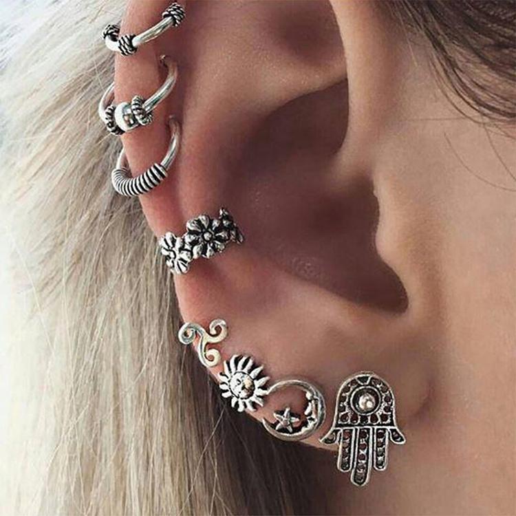 BESHEEK Handmade Silvertone Floral & Swirl Ear Cuff & Huggie Earring Set | Handmade Hypoallergenic Boho Beach Gala Wedding Style Fashion Earrings