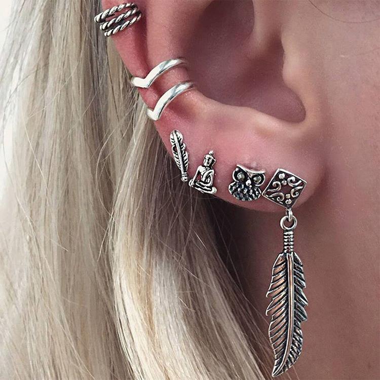 BESHEEK Handmade Silvertone Long Feather & Owl Ear Cuff & Huggie Earring Set | Handmade Hypoallergenic Boho Beach Gala Wedding Style Fashion Earrings