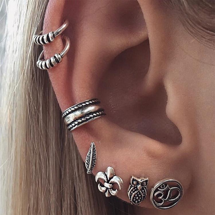 BESHEEK Handmade Silvertone Fleur De Lis & Owl Ear Cuff & Huggie Earring Set | Handmade Hypoallergenic Boho Beach Gala Wedding Style Fashion Earrings