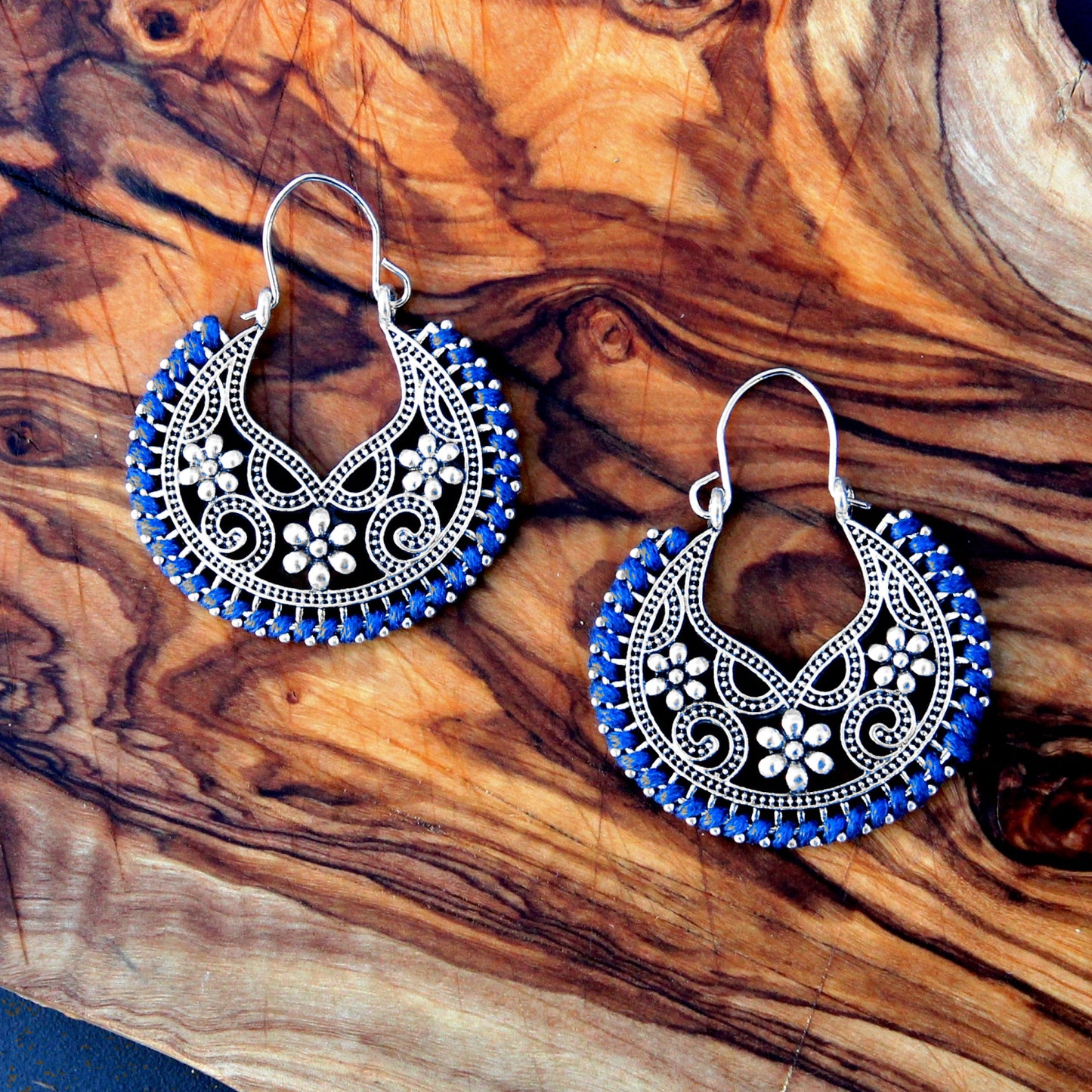BESHEEK Handmade Navy & Silvertone Filigree Key Latch Drop Earrings | Hypoallergenic Boho Beach Gala Wedding Style Fashion Earrings