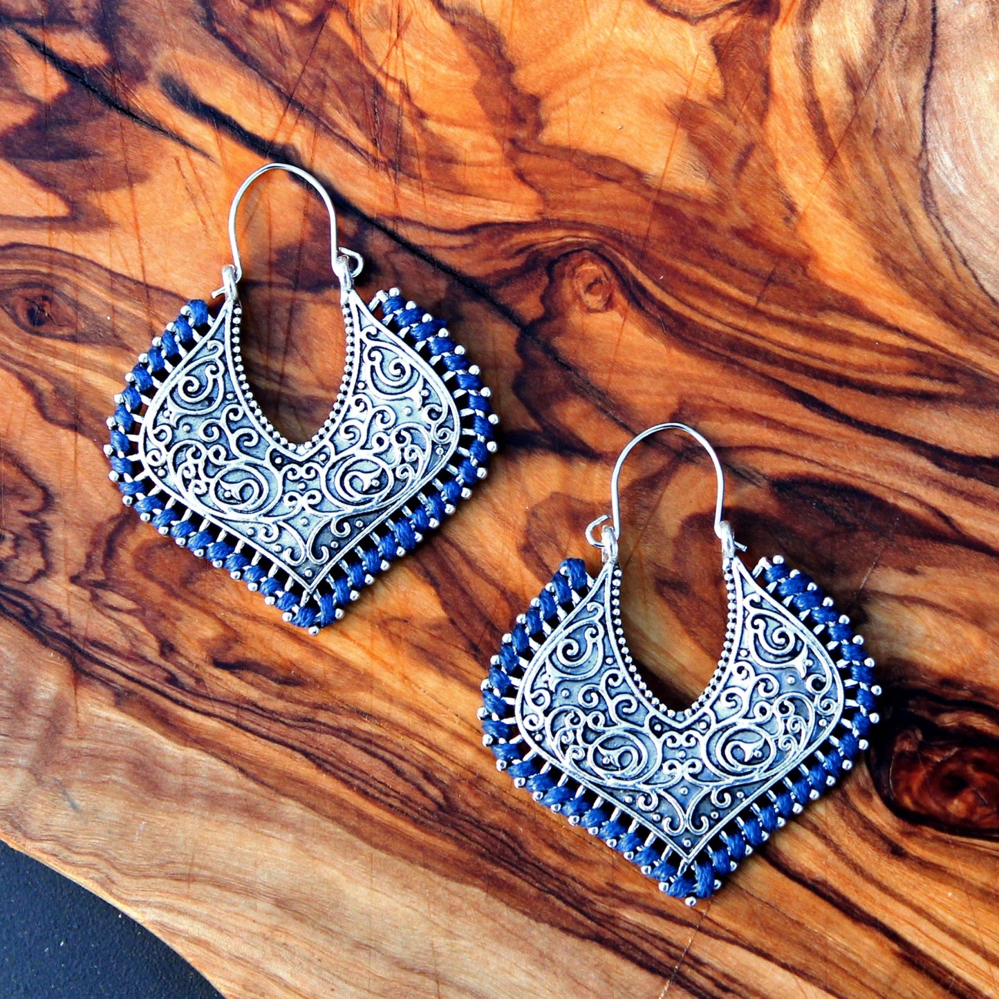 BESHEEK Handmade Navy Blue & Silvertone Filigree Marquis Key Latch Drop Earrings | Hypoallergenic Boho Beach Gala Wedding Style Fashion Earrings