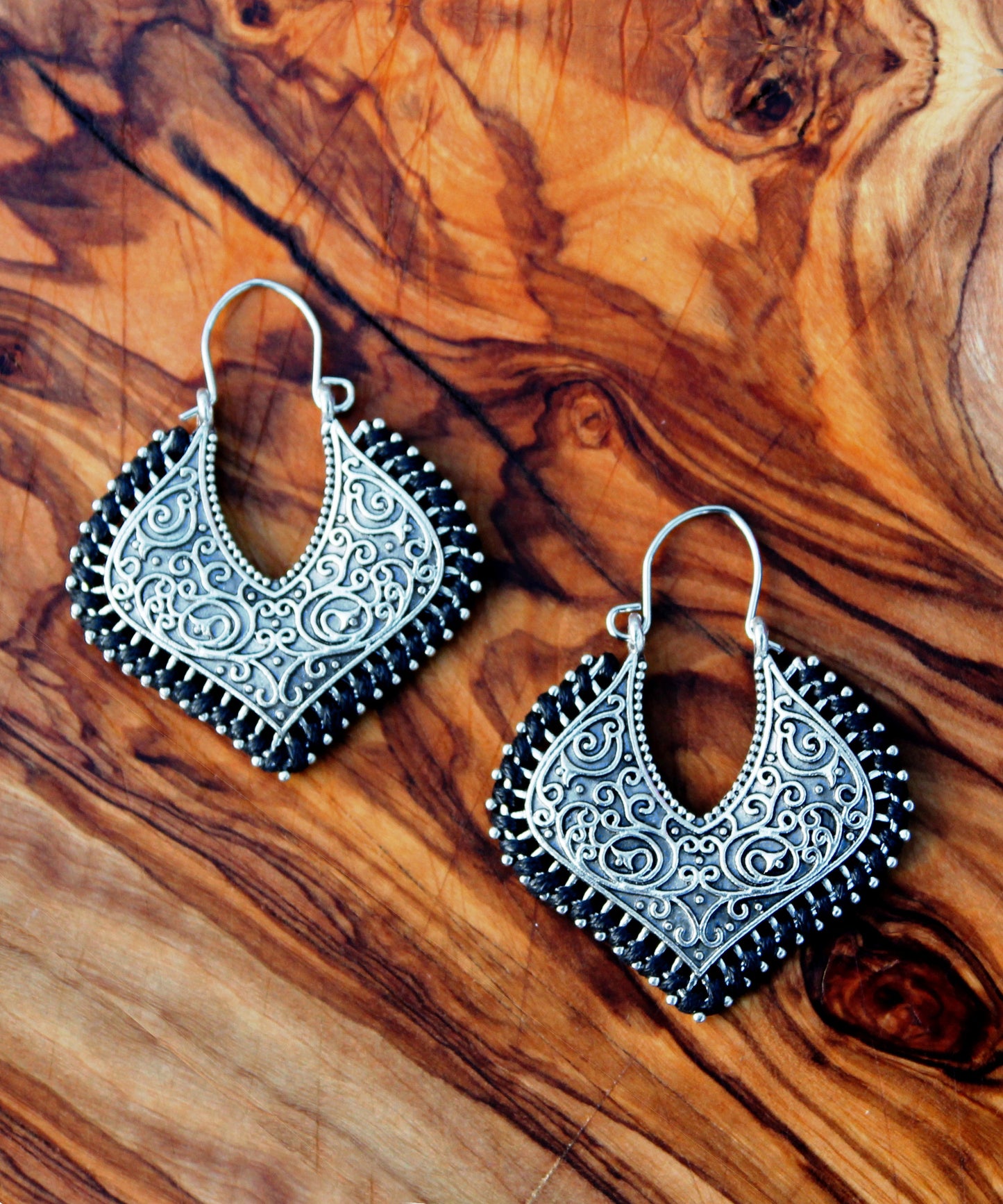 BESHEEK Silvertone Black Boho Filigree Latch key Marquis Earrings | Hypoallergenic Boho Beach Gala Wedding Style Fashion Earrings