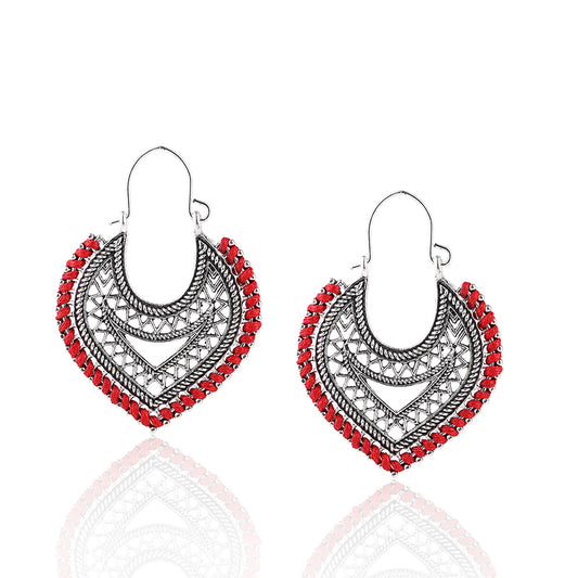 BESHEEK Silvertone RED Boho Filigree Latch key Marquis Earrings | Hypoallergenic Boho Beach Gala Wedding Style Fashion Earrings
