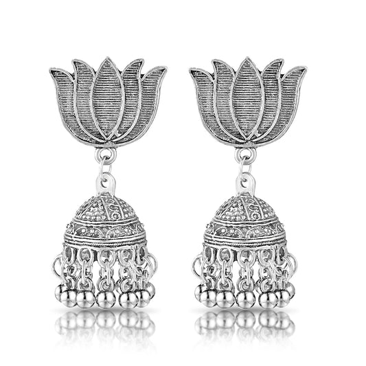 BESHEEK Silvertone Lotus Bali Jhumkai Tassel Drop Earrings | Hypoallergenic Boho Beach Gala Wedding Style Fashion Earrings