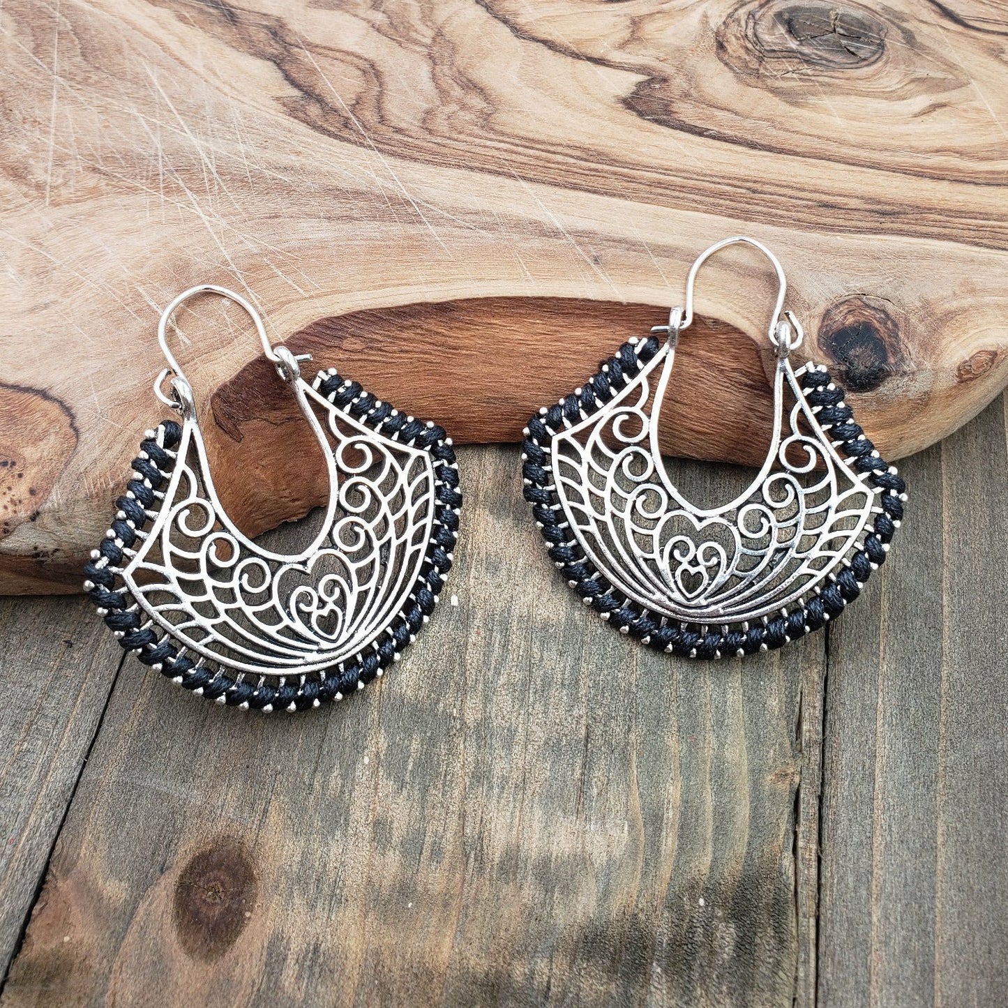 BESHEEK Handmade Black & Silvertone Filigree Key Latch Drop Earrings | Handmade Hypoallergenic Boho Beach Gala Wedding Style Fashion Earrings