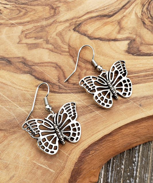 BESHEEK Silvertone Outline Cut out Butterfly Dangle Earring | Hypoallergenic Boho Beach Gala Wedding Style Fashion Earrings