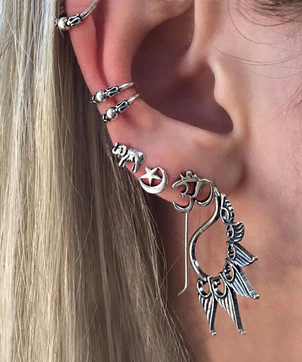 BESHEEK Silvertone Swan Lake Ear Cuff & Stud Huggie Earring Set | Hypoallergenic Boho Beach Gala Wedding Style Fashion Earrings