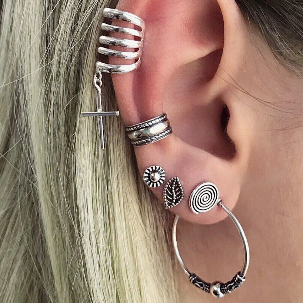 BESHEEK Silvertone Hoop and Cross Cuff & Huggie Earring Set | Hypoallergenic Boho Beach Gala Wedding Style Fashion Earrings
