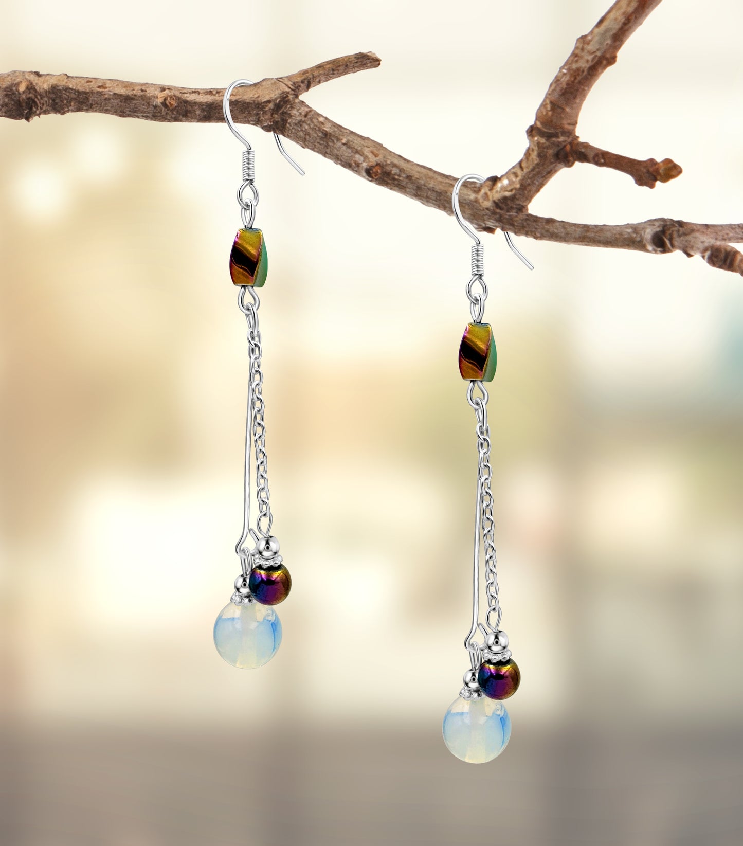 BESHEEK Sterling Silver, Moonstone and twisted hematite stone dangle earrings | Hypoallergenic Boho Beach Gala Wedding Style Fashion Earrings
