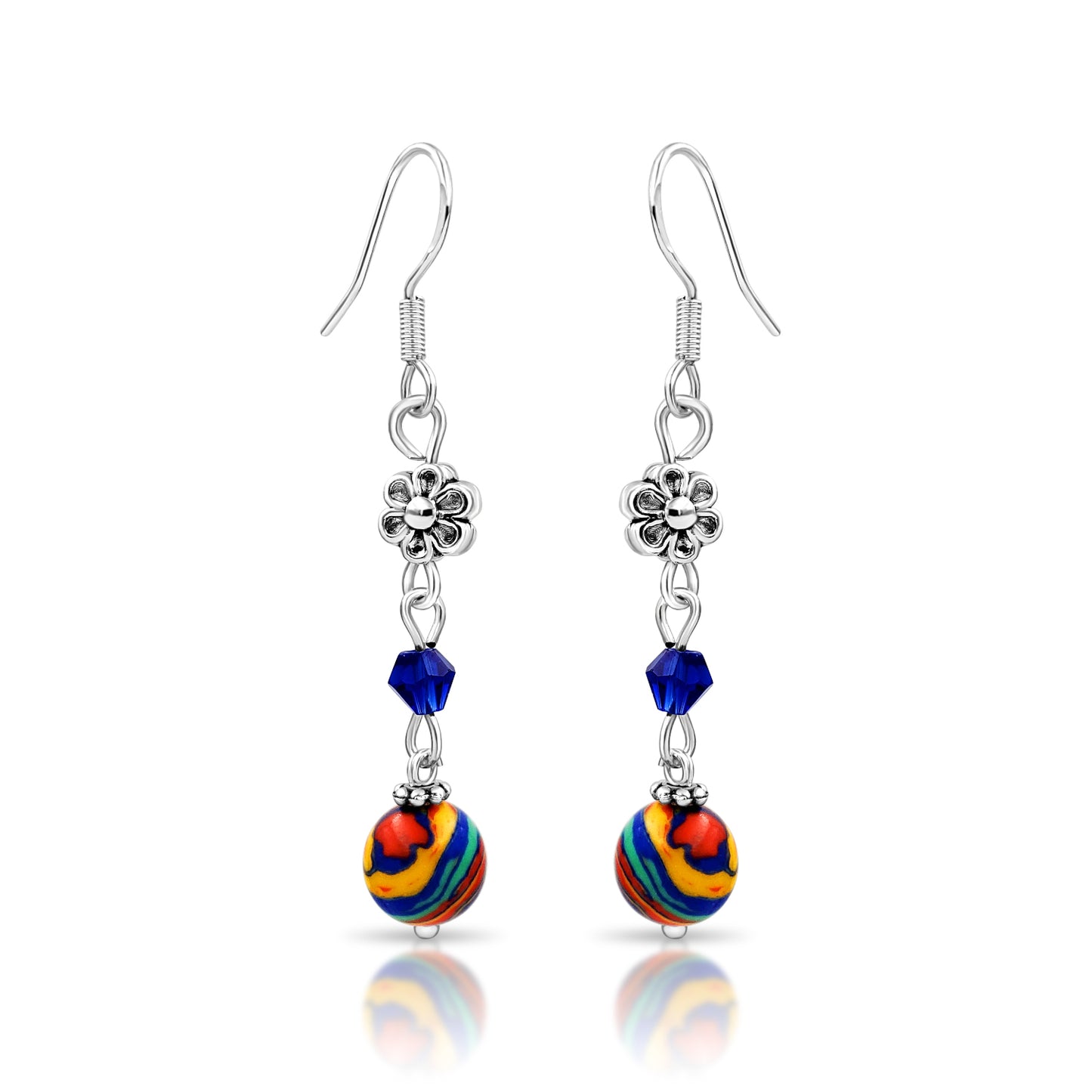BESHEEK Sterling Silver and Rainbow Calsilica Stone Flower Earrings | Hypoallergenic Boho Beach Gala Wedding Style Fashion Earrings