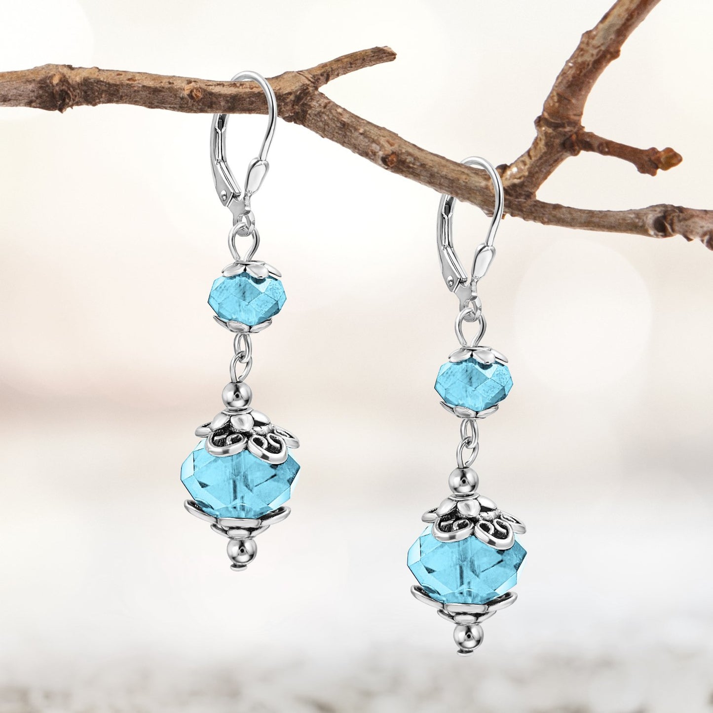BESHEEK Silvertone Stainless Steel Aqua AB Crystal Leverback Dangle Earrings | Handmade Hypoallergenic Boho Beach Gala Wedding Style Fashion Earrings