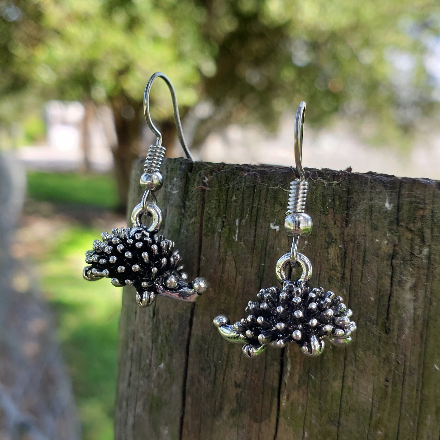 BESHEEK Antique Silver Hedgehog Dangle Earrings | Handmade Hypoallergenic Boho Beach Gala Wedding Style Fashion Earrings
