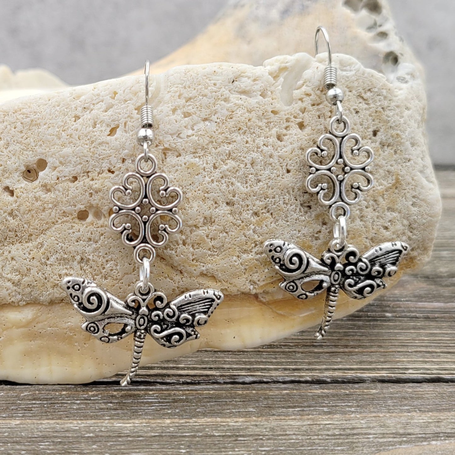 BESHEEK Silvertone Clover and Steampunk Dragonfly Earrings | Handmade Hypoallergenic Boho Beach Gala Wedding Style Fashion Earrings
