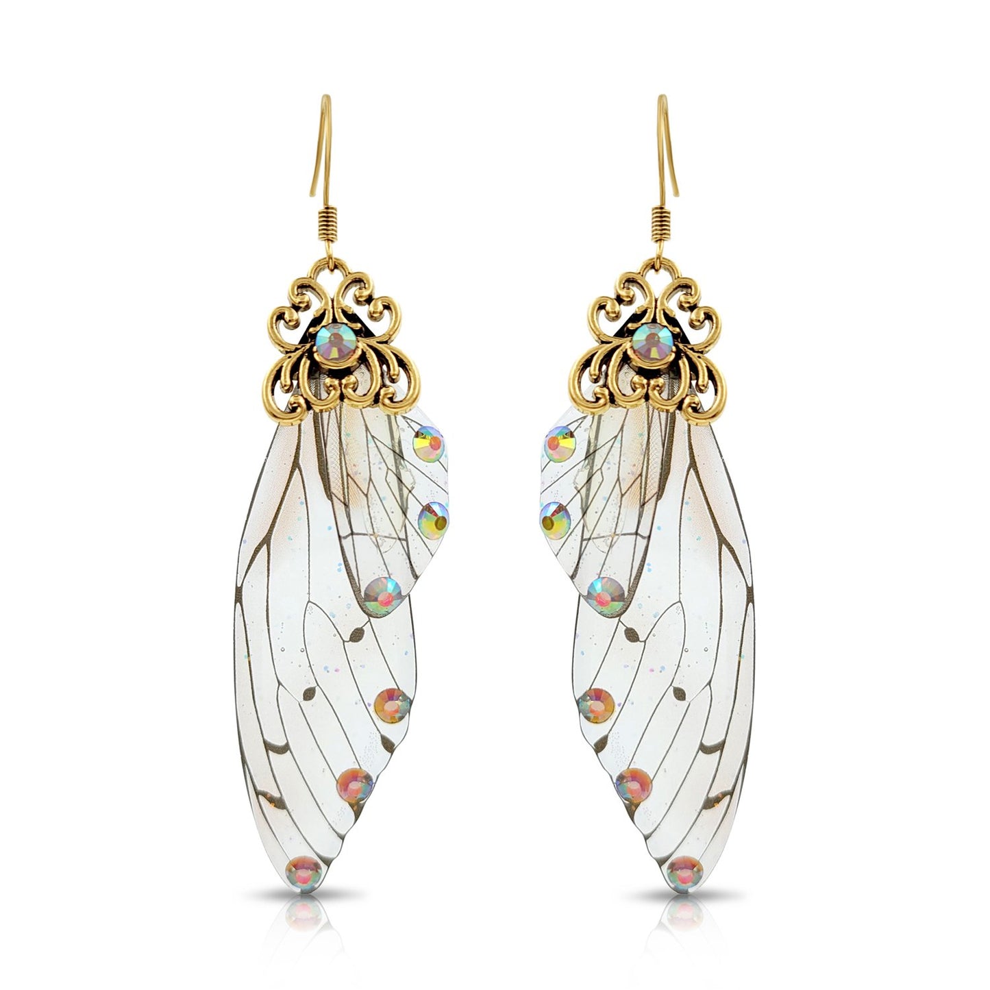 BESHEEK Antique Gold Clear Resin Butterfly Wings with Rhinestones | Handmade Hypoallergenic Boho Beach Gala Wedding Style Fashion Earrings