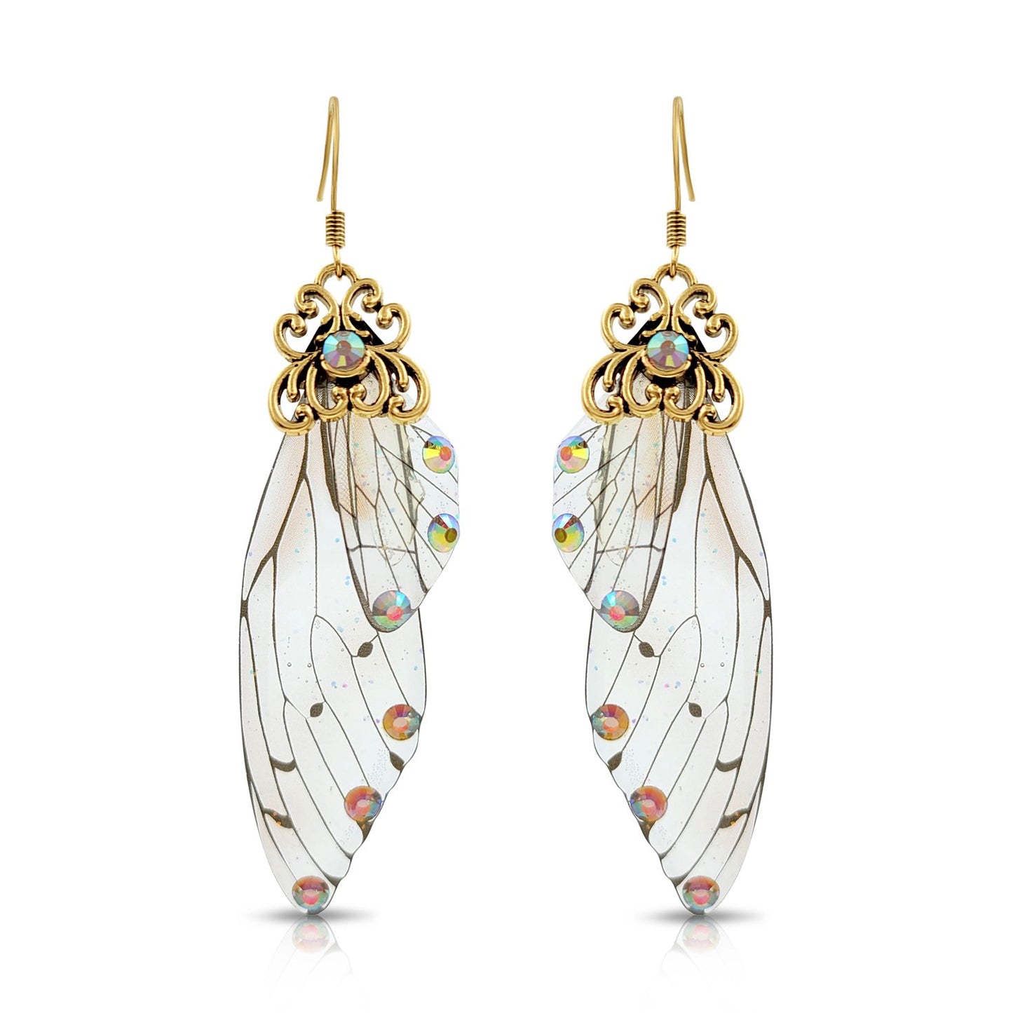 BESHEEK Antique Gold Clear Resin Butterfly Wings with Rhinestones | Handmade Hypoallergenic Boho Beach Gala Wedding Style Fashion Earrings