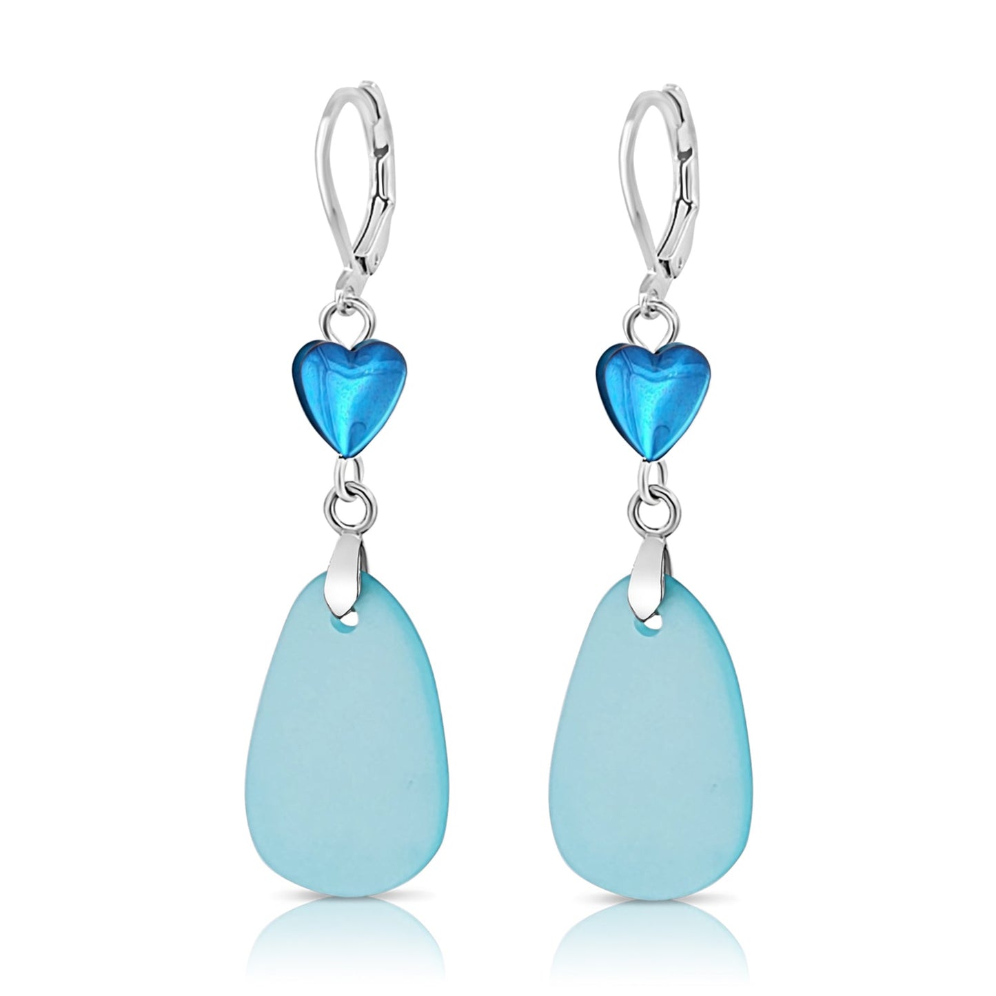 BESHEEK Silvertone and Blue Hematite Heart and Seaglass Dangle Earrings | Handmade Hypoallergenic Boho Beach Gala Wedding Style Fashion Earrings
