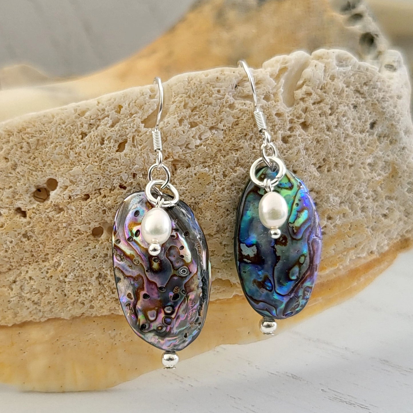 BESHEEK Sterling Silver, Freshwater Pearl and Abalone Shell Puff Earrings | Hypoallergenic Boho Beach Gala Wedding Style Fashion Earrings