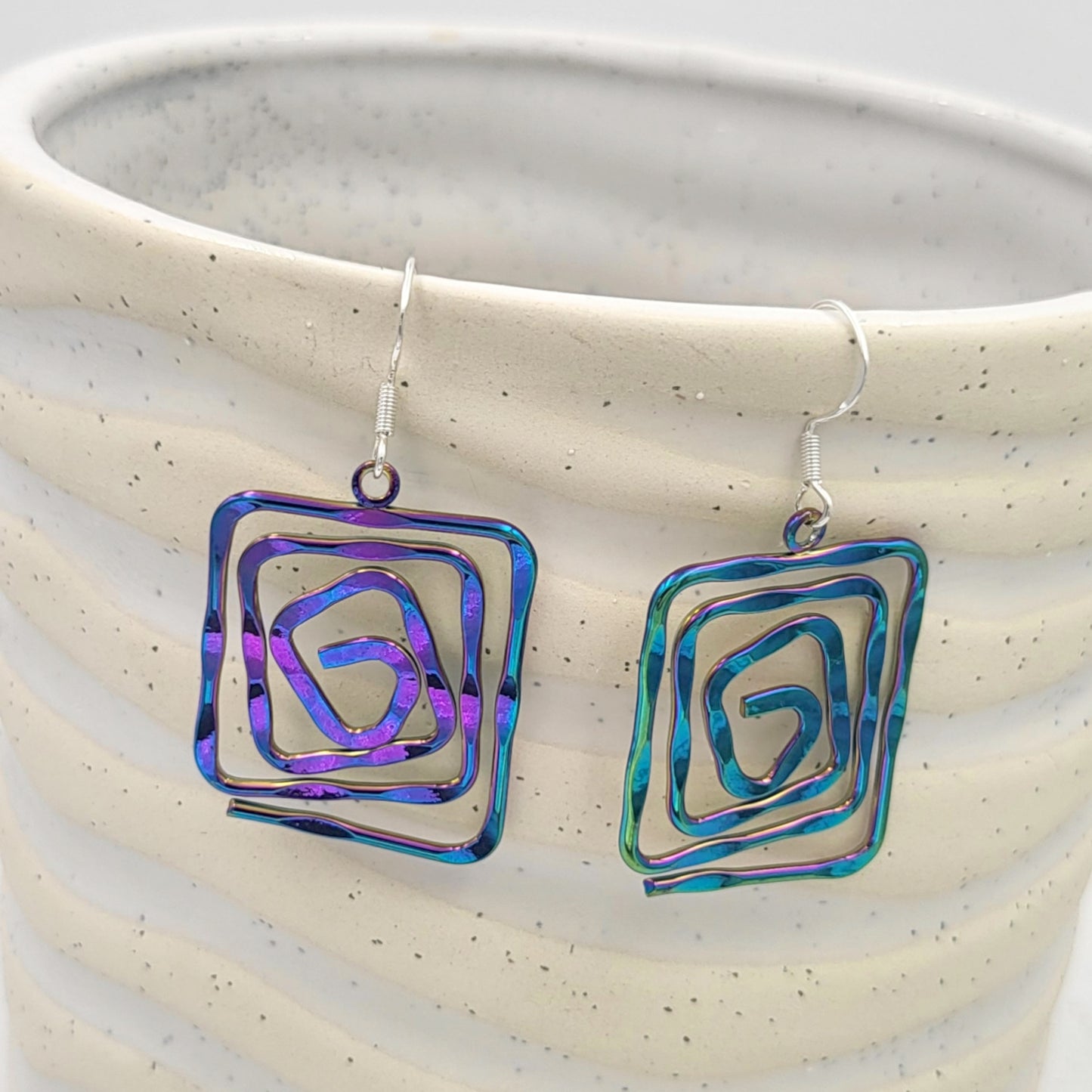 BESHEEK Iridescent Rainbow Spiral Rectangle Dangle Earrings | Hypoallergenic Boho Beach Gala Wedding Style Fashion Earrings