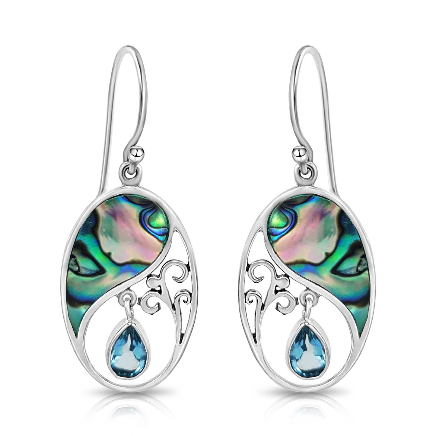 BESHEEK Sterling Silver and Blue Topaz Abalone Shell Oval Teardrop Earrings | Handmade Hypoallergenic Boho Beach Gala Wedding Style Sterling Earrings