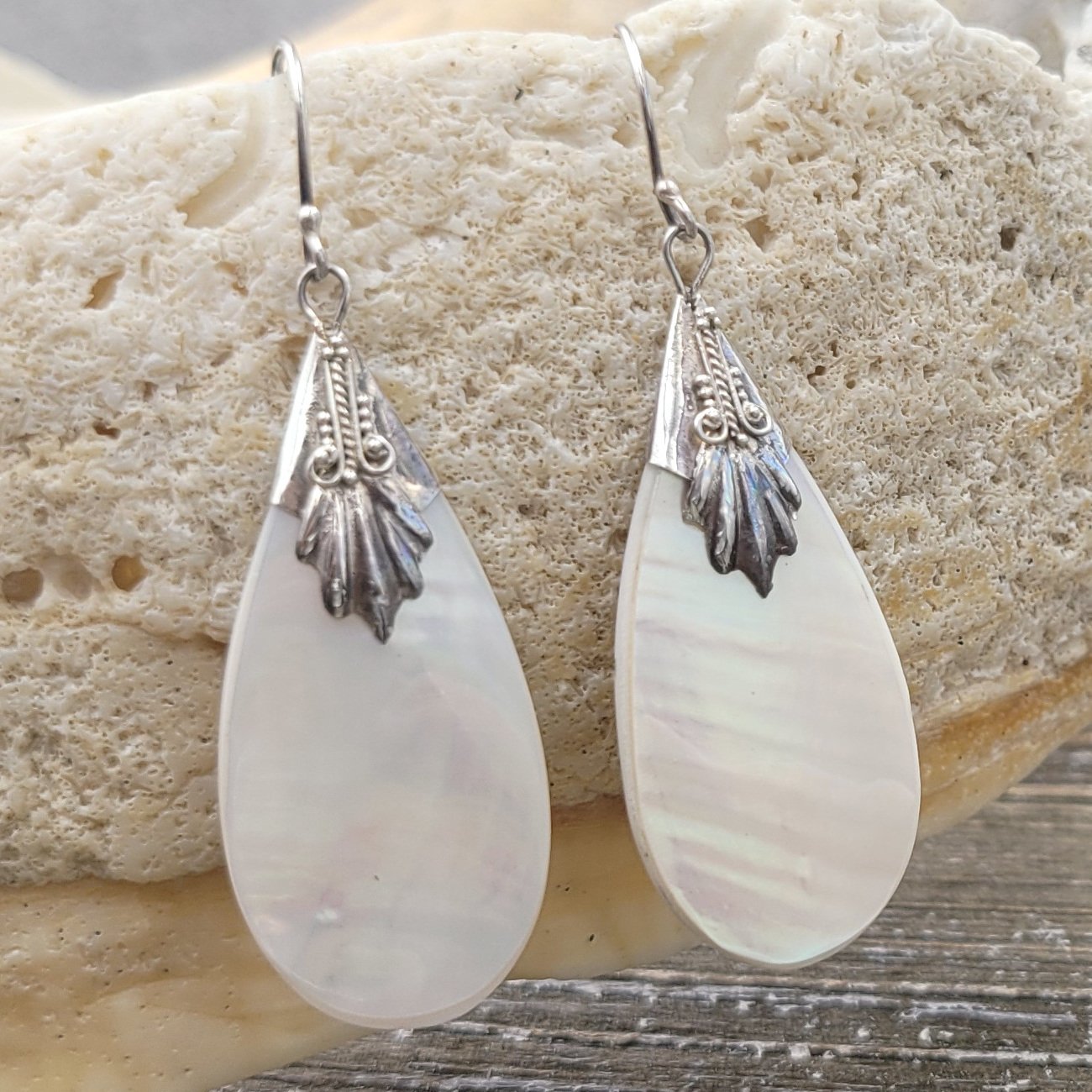 Sterling Silver Polished Tan Shell Teardrop Earrings