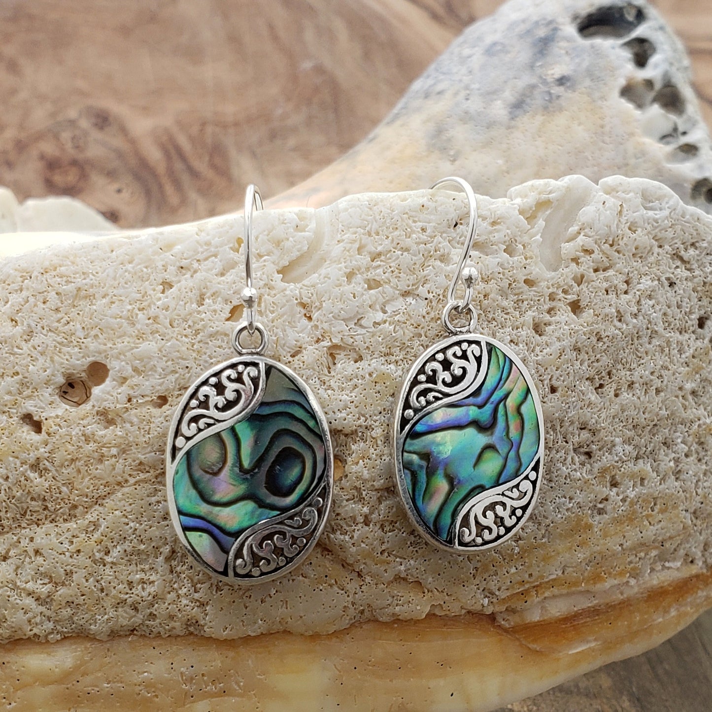 Sterling Silver Wave Oval Drop Abalone Earrings