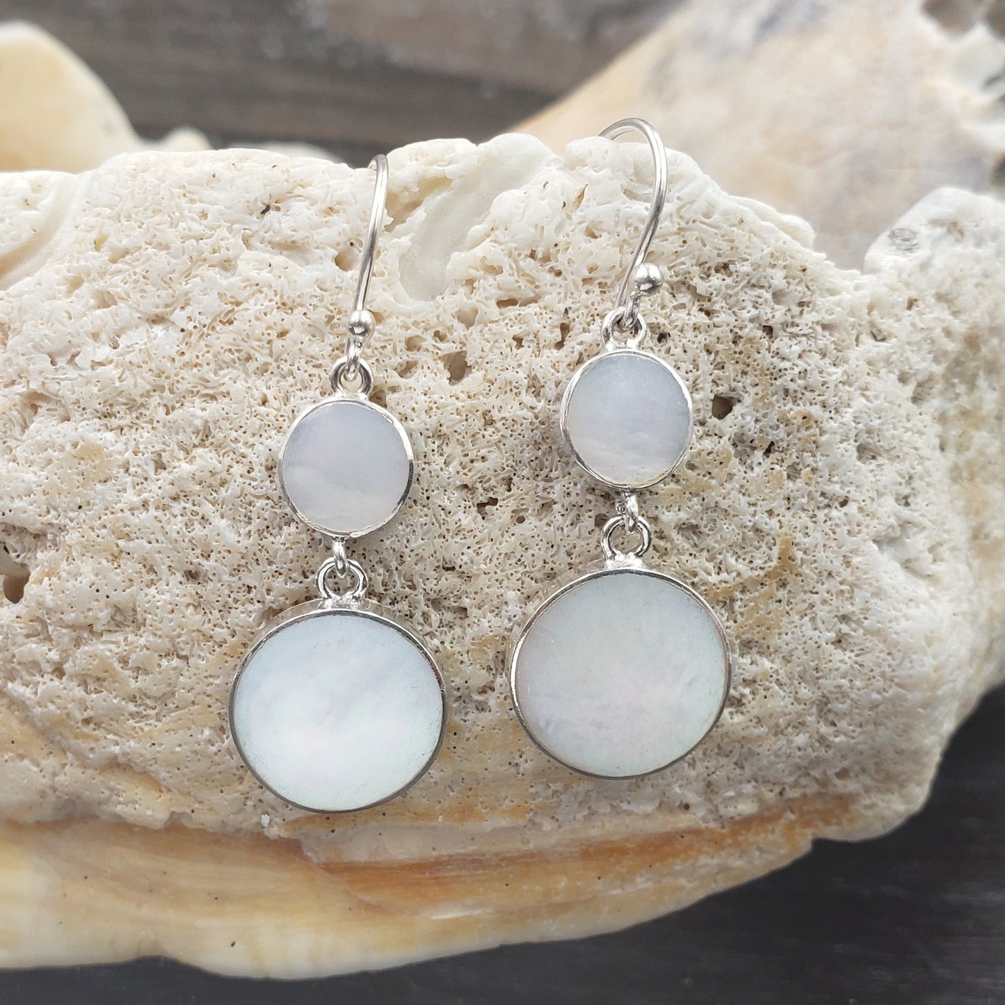 Sterling Silver Mother of Pearl Double Drop Dangle Earrings