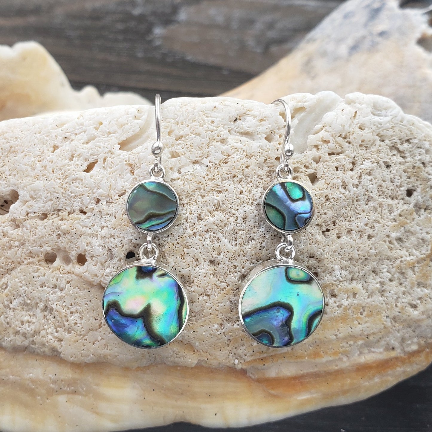 BESHEEK Sterling Silver and Paua Shell Double Drop Dangle Earrings | Handmade Hypoallergenic Boho Beach Gala Wedding Style Sterling Earrings