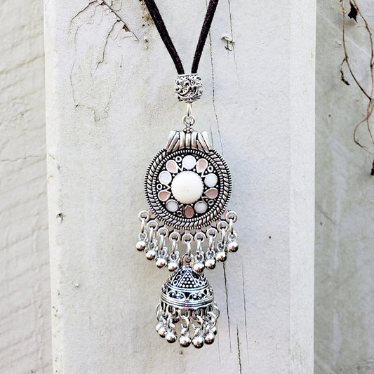 White & Silvertone Boho Chandelier Trinity Drop Long Suede Leather Necklace