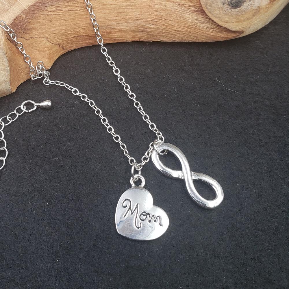 Silvertone Mom Infinite Heart Double Charm Necklace