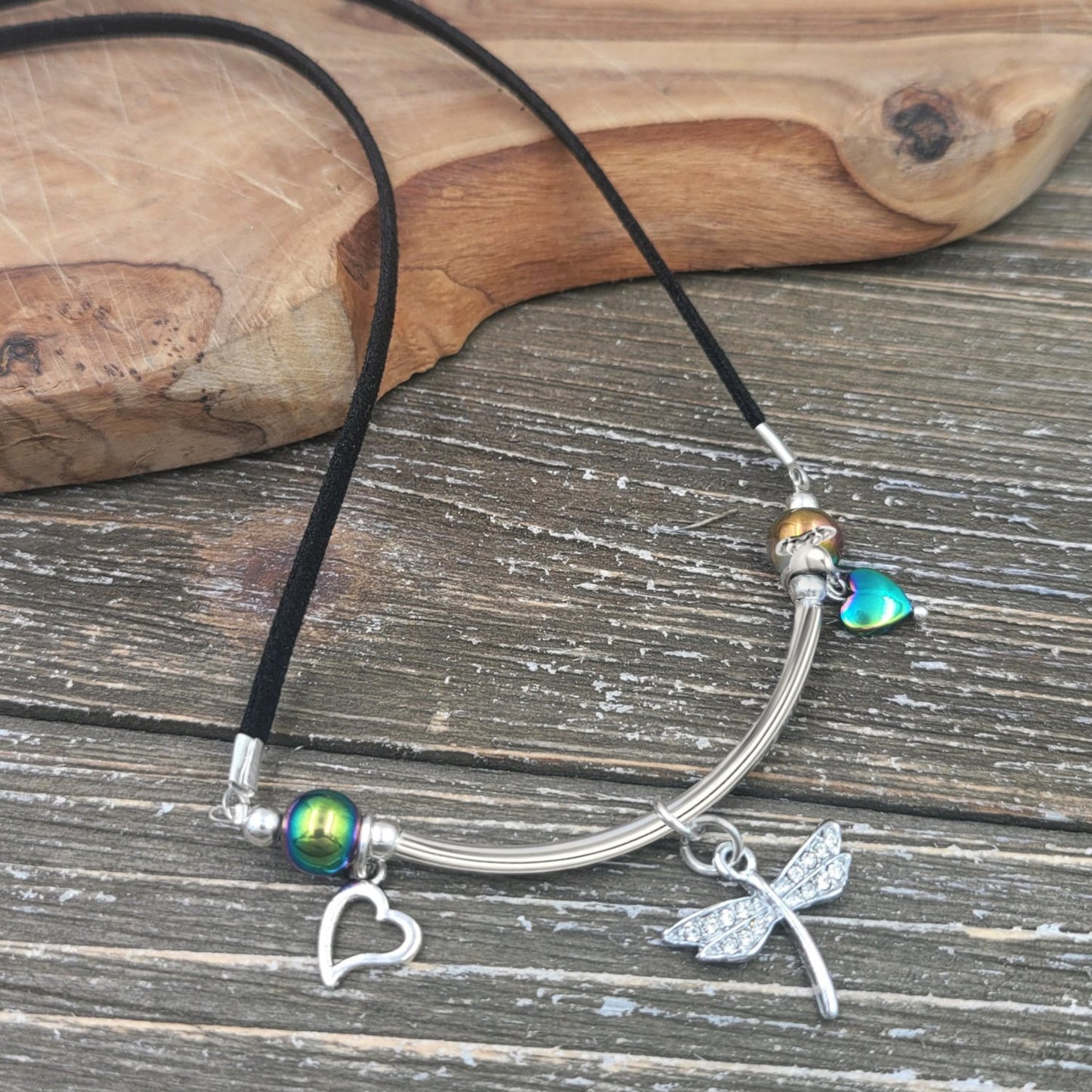 Rainbow Hematite and Dragonfly Tube Leather Cord Necklace.
