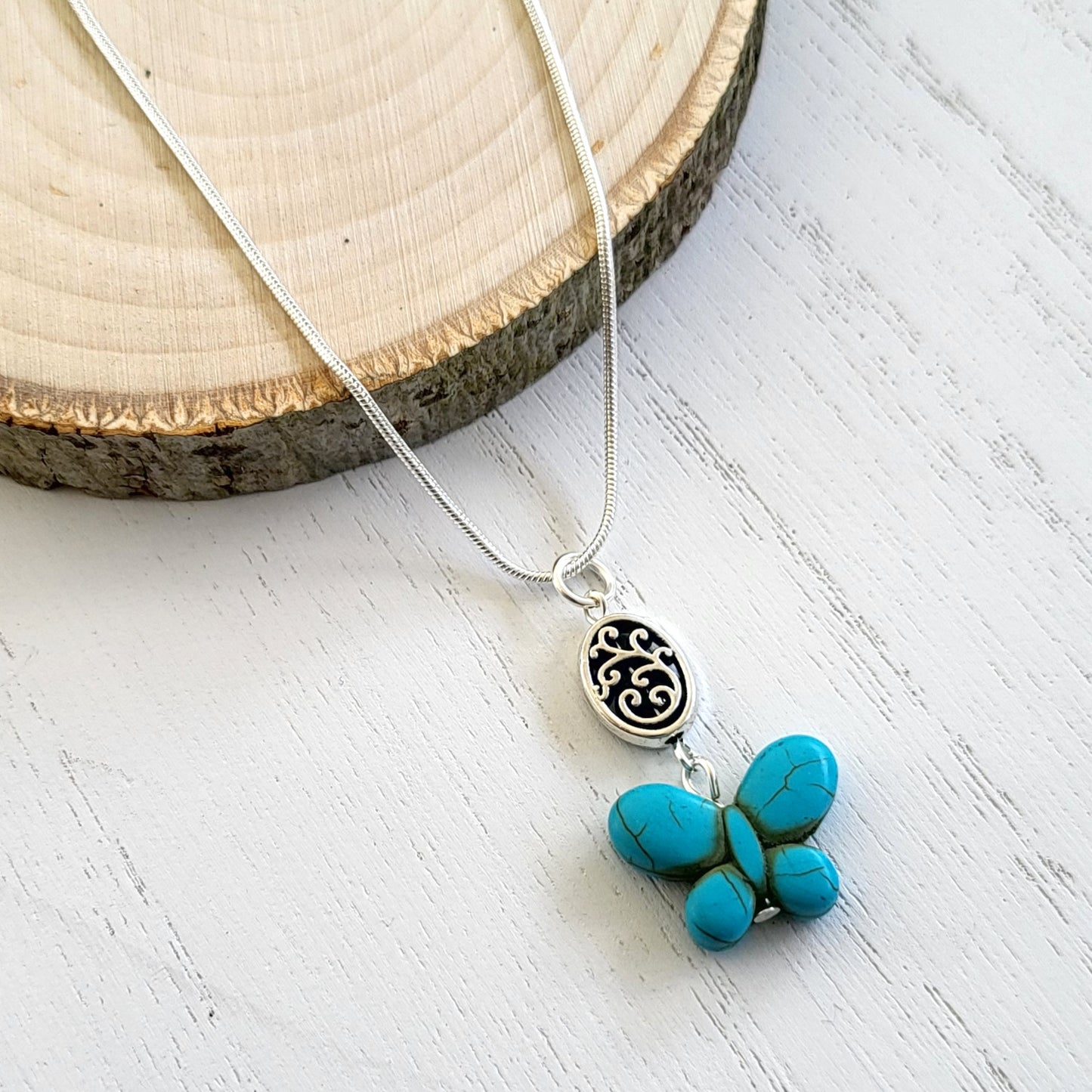 BESHEEK Silvertone and Turquoise Butterfly Filigree adjustable Necklace? Handmade Hypoallergenic Boho Beach Gala Wedding Style Fashion Jewelry
