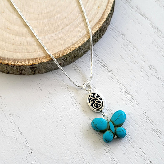 BESHEEK Silvertone and Turquoise Butterfly Filigree adjustable Necklace? Handmade Hypoallergenic Boho Beach Gala Wedding Style Fashion Jewelry