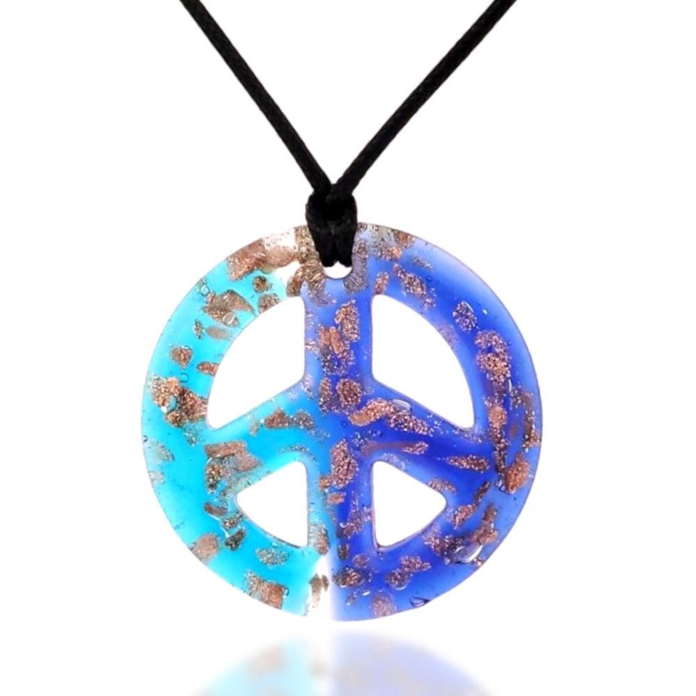 BESHEEK Handmade Murano Inspired Blown Glass Lampwork Art Aqua and Royal Blue Peace Sign Necklace Pendant ? Handcrafted Artisan Hypoallergenic Italian Style Jewelry