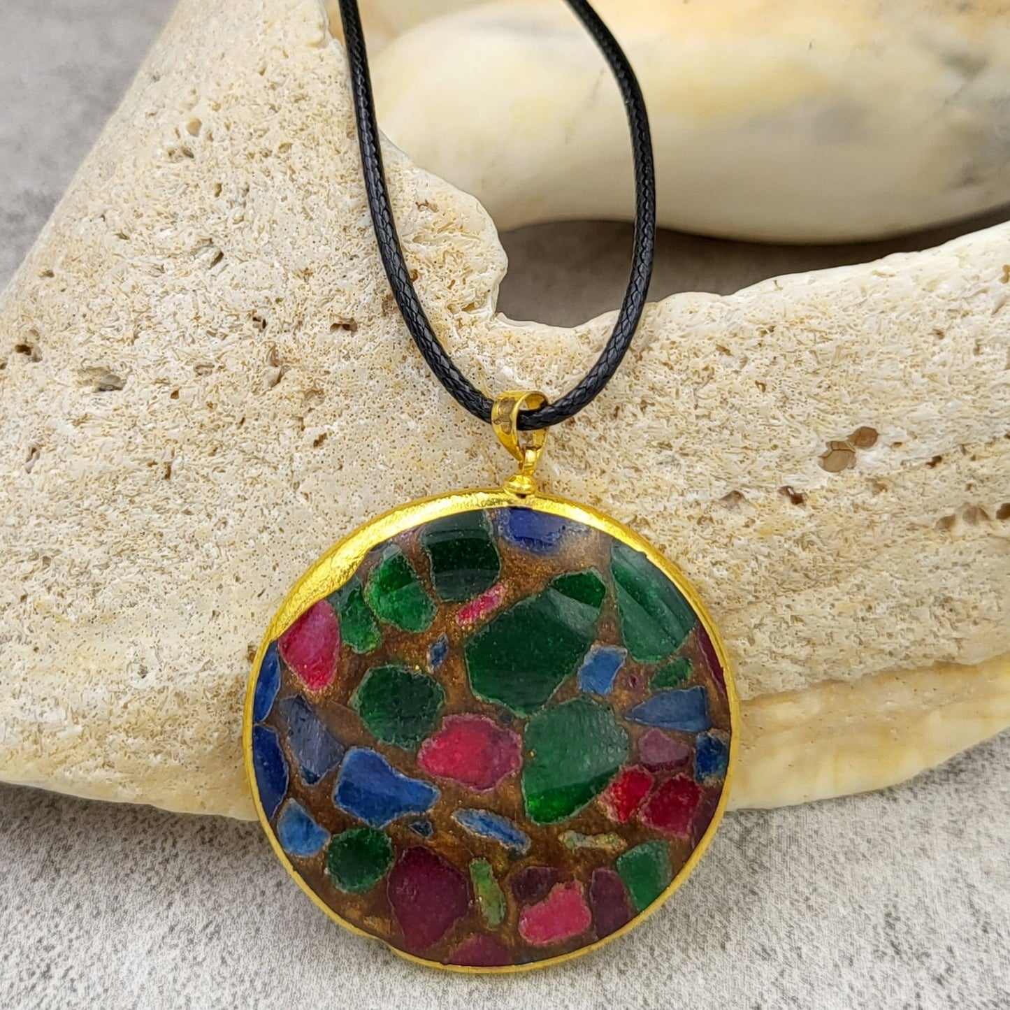 BESHEEK Goldtone Rainbow Mosiac Quartz Round Locket Pendant? Handmade Hypoallergenic Boho Beach Gala Wedding Style Fashion Jewelry
