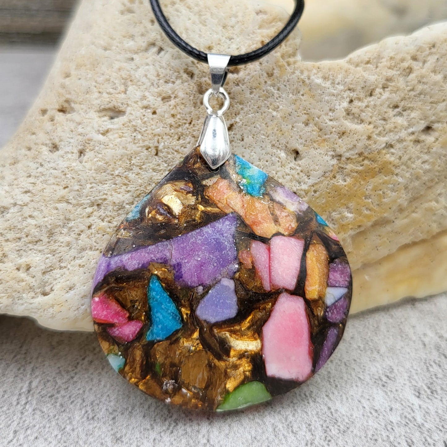 BESHEEK Rainbow Mosiac Dyed Turquoise, shell and Resin Waterdrop Pendant? Handmade Hypoallergenic Boho Beach Gala Wedding Style Fashion Jewelry