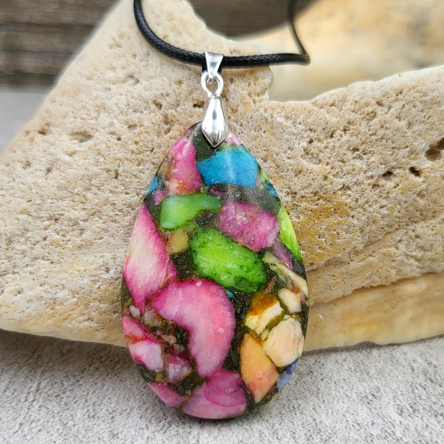 BESHEEK Rainbow Mosiac Dyed Turquoise and Resin Teardrop Pendant? Handmade Hypoallergenic Boho Beach Gala Wedding Style Fashion Jewelry