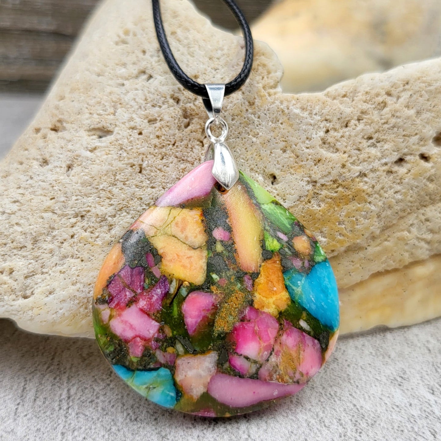 BESHEEK Rainbow Mosiac Dyed Turquoise and Resin Waterdrop Pendant? Handmade Hypoallergenic Boho Beach Gala Wedding Style Fashion Jewelry