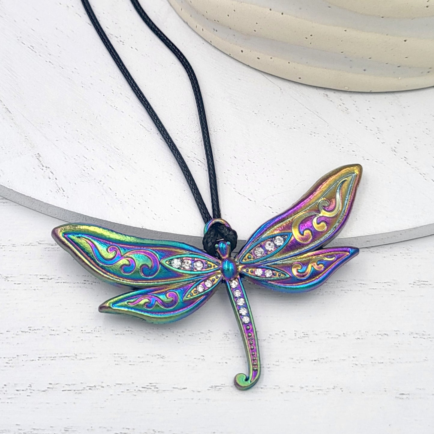 Rainbow Electroplate and Rhinestone Dragonfly Pendant Necklace