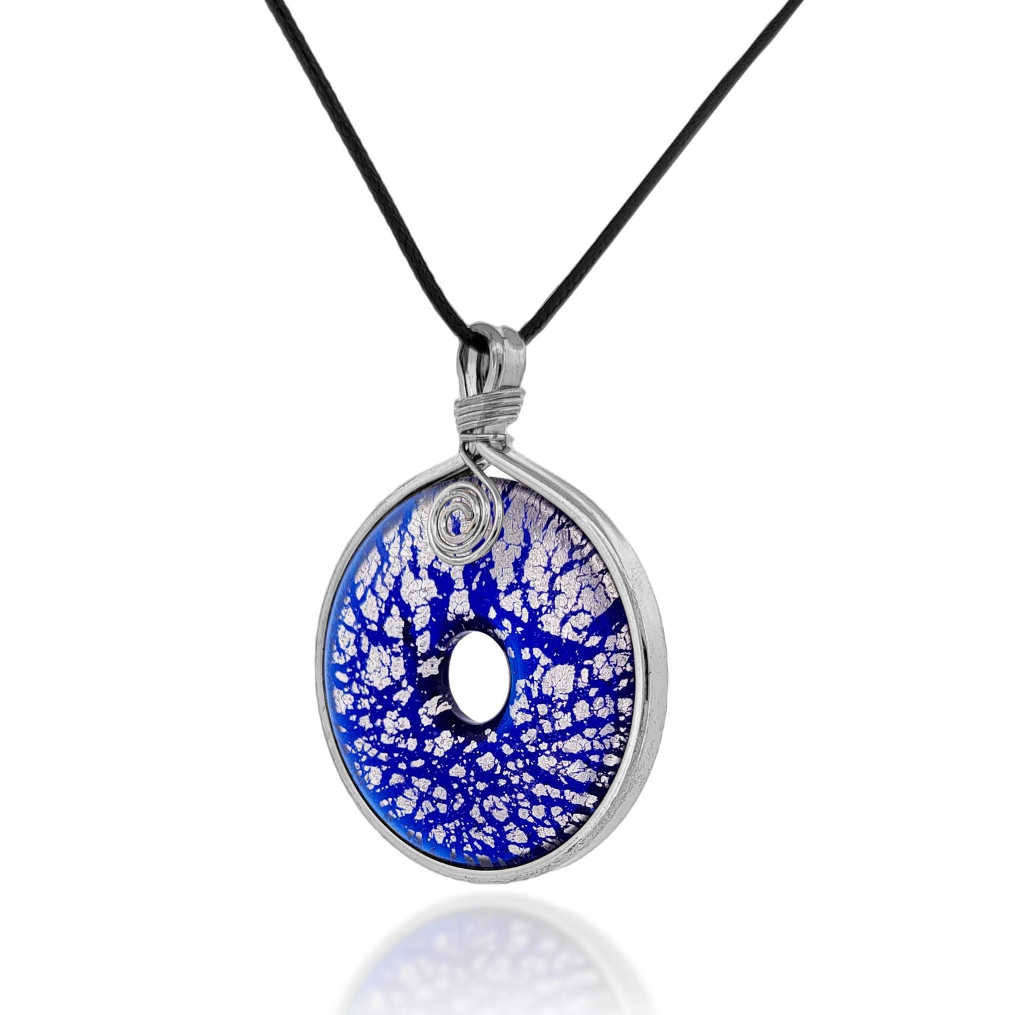 Silvertone and Blue Foil Glass Lampwork Donut Pendant