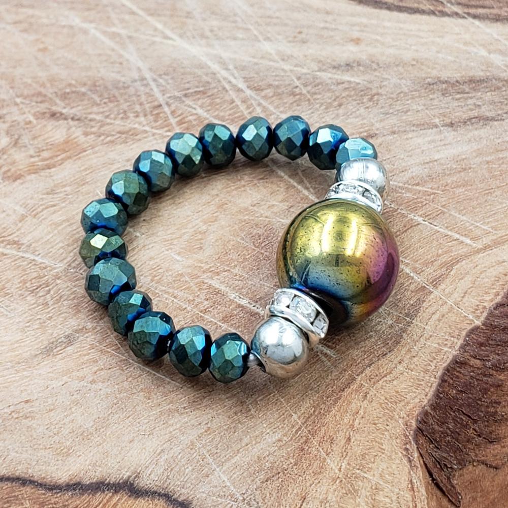 Rainbow Hematite and Luster Green Crystal Stretch Toe Ring