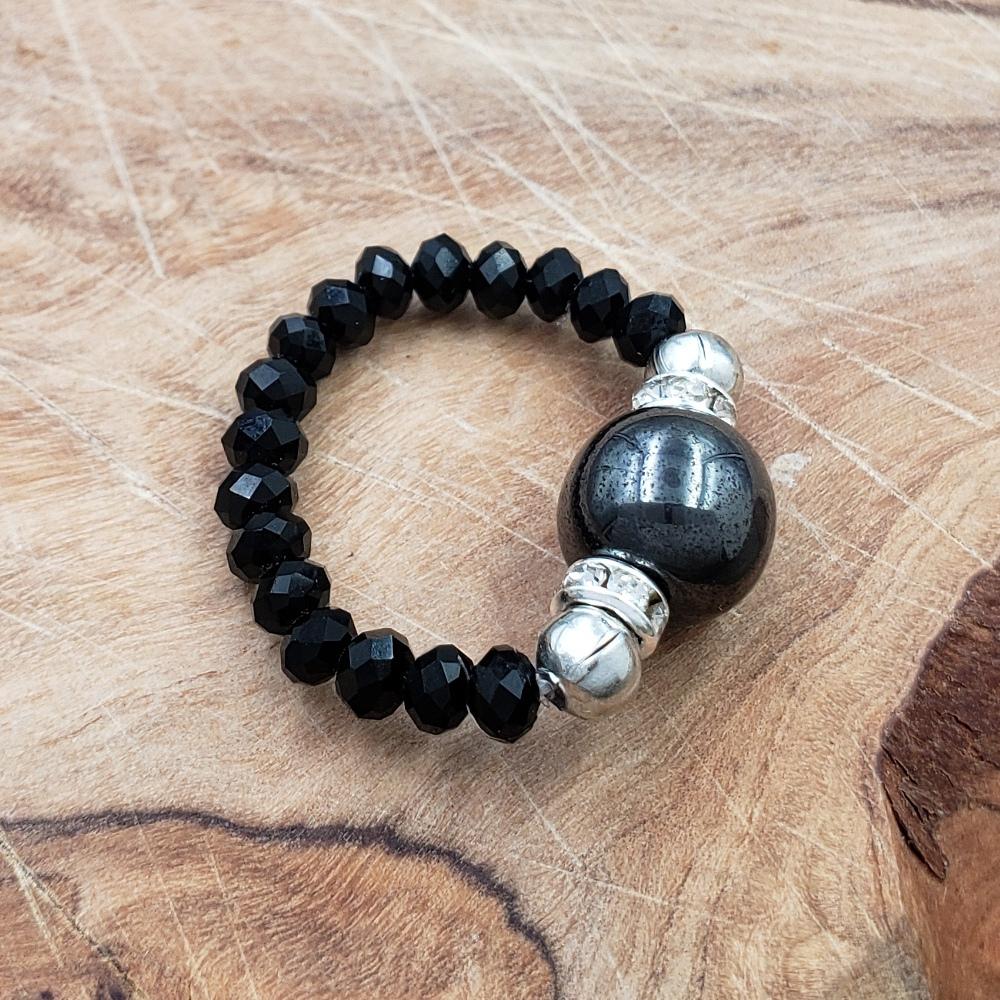 Hematite and Jet Black Crystal Stretch Toe Ring