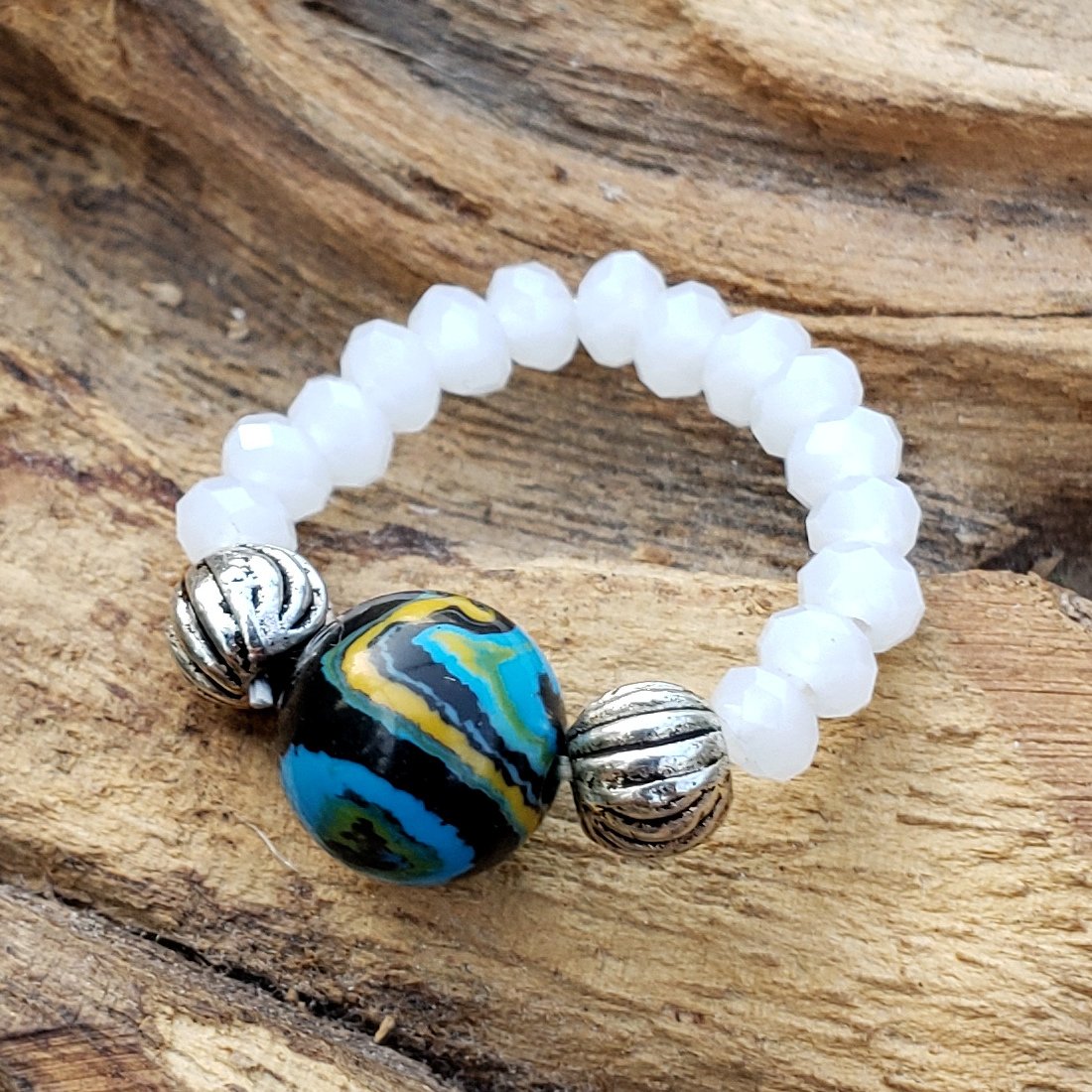 Ocean Calsilica Stone and Milk Crystal Stretch Toe Ring