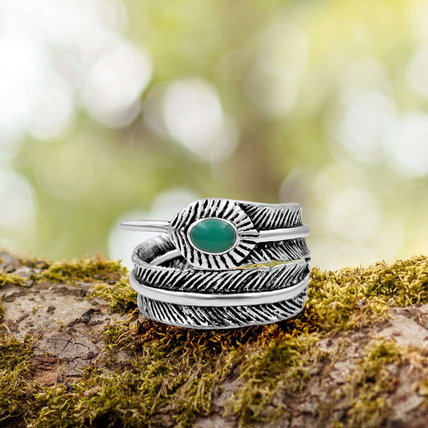 Blue and Silvertone Boho Feather Bypass Ring