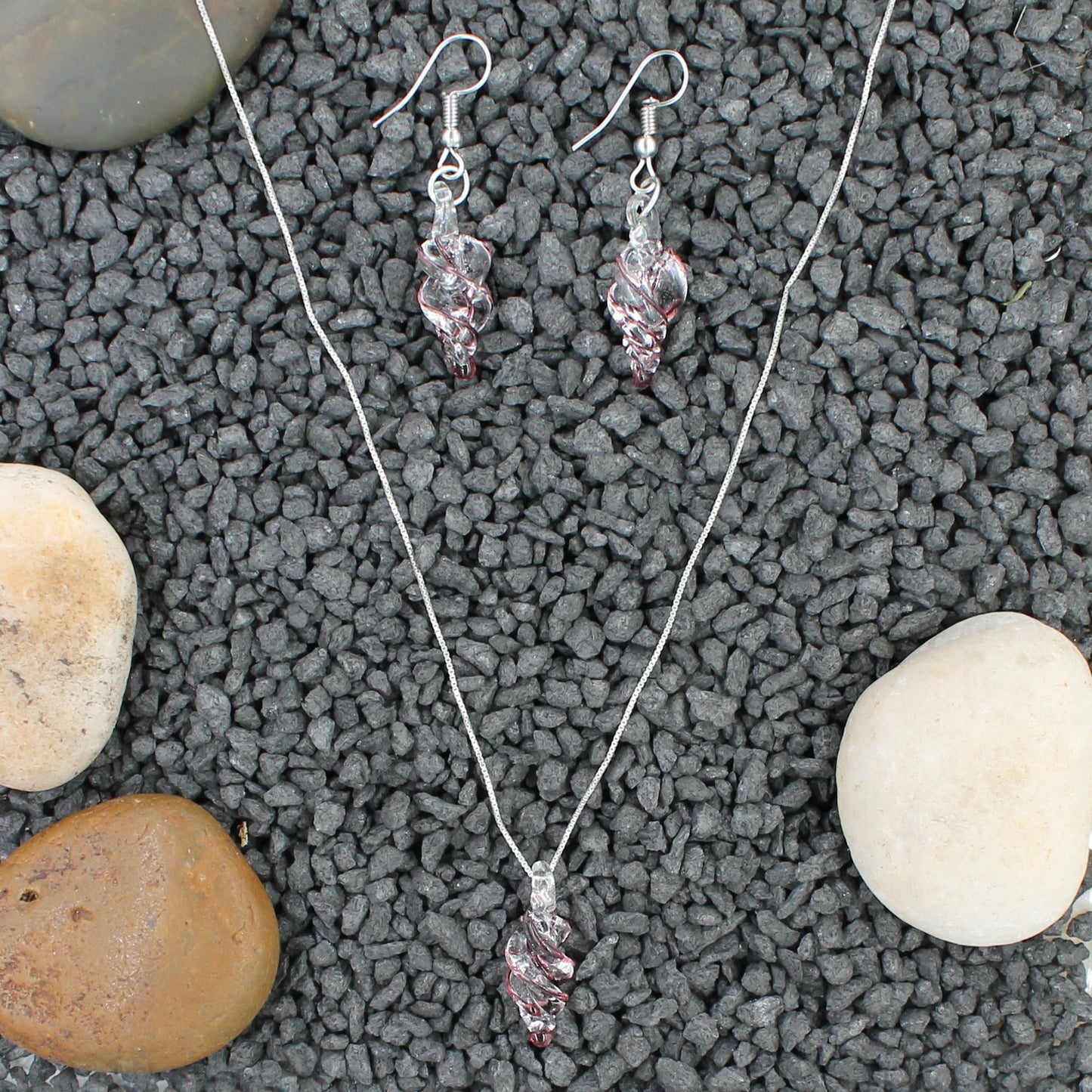 Sterling Silver Amethyst Purple Glass Earrings and Necklace Pendant Set